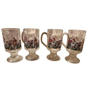 Vintage Luminarc D’Arques Holiday Christmas Set of 4 Footed Clear Glass Mugs